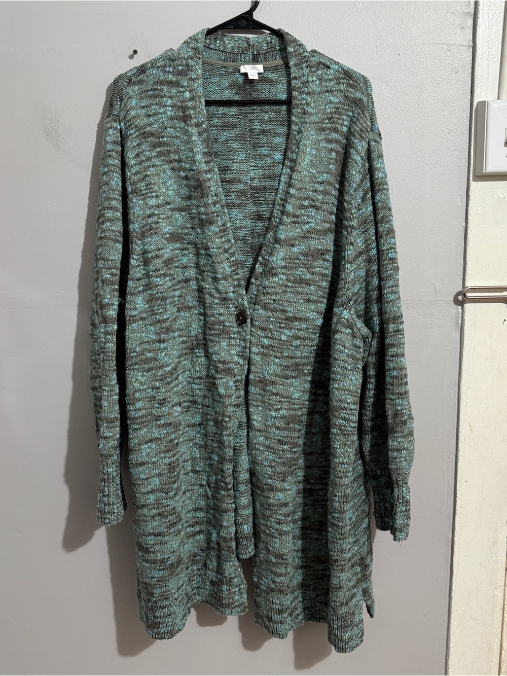 J Jill Womens 4X Long Cardigan Sweater Teal Brown Marled Knit Oversized Pockets